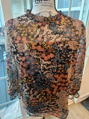 Monteau Floral Sheer Blouse in Black, Rust & Blue